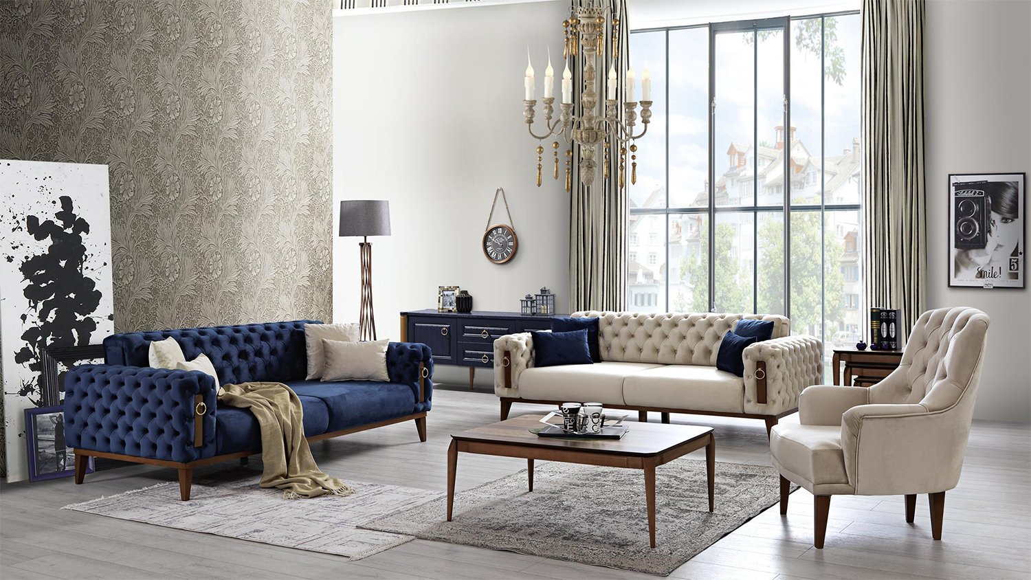 Ensemble canapé venise au style chesterfield, blanc et bleu